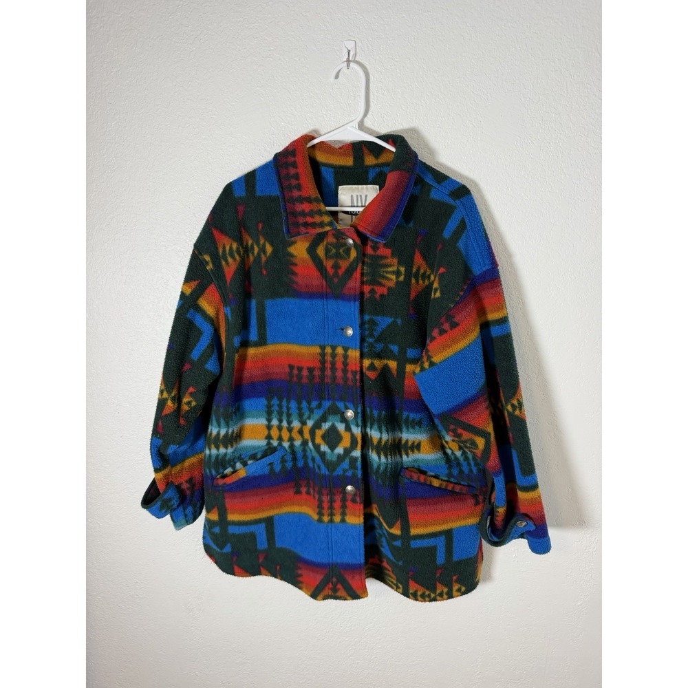 Vintage NY 10018 Southwestern Aztec Fleece Jacket 🔥 Buffalo Nickel Buttons